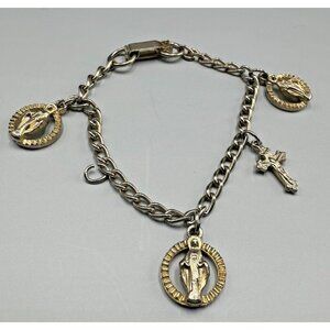 3/$30 Vintage Religious Charm Bracelet Gold Tone Virgin Mary Cross 6”